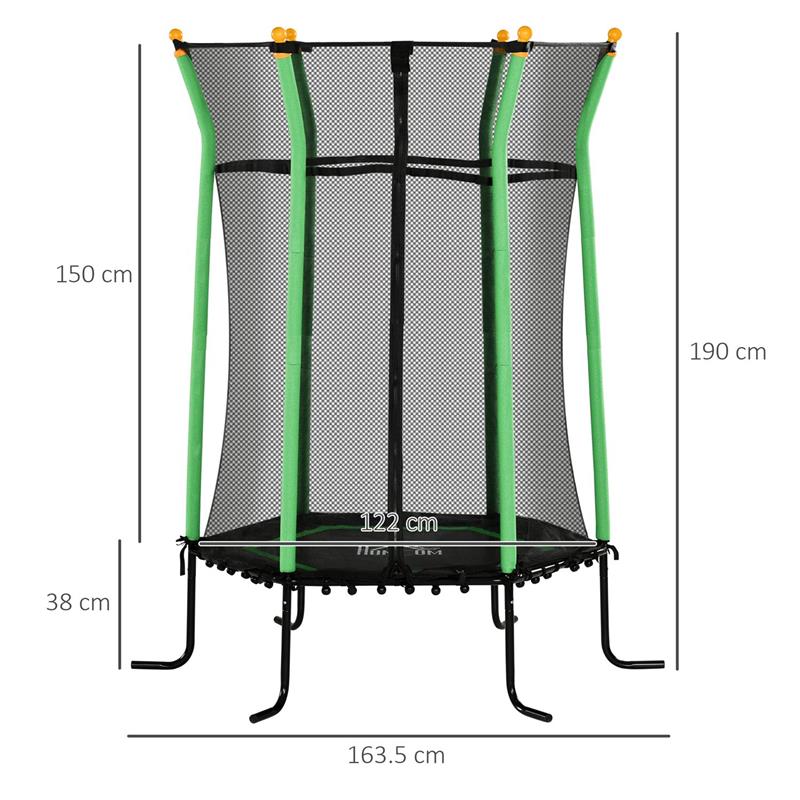 TRAMPOLINO ELASTICO PER BAMBINI 3-10 ANNI CON INGRESSO A CERNIERA E PALI IMBOTTITI, Ï163.5X190 CM, VERDE