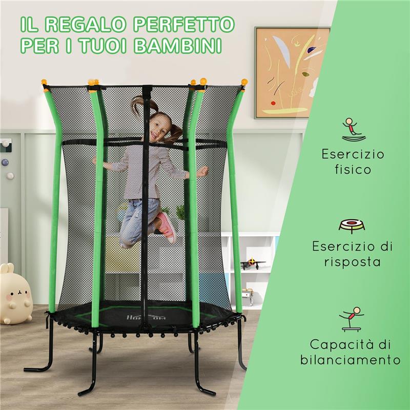 TRAMPOLINO ELASTICO PER BAMBINI 3-10 ANNI CON INGRESSO A CERNIERA E PALI IMBOTTITI, Ï163.5X190 CM, VERDE