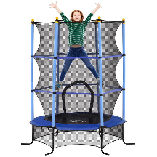 TRAMPOLINO ELASTICO PER BAMBINI Ï1.6X1.9 M CON RETE DI SICUREZZA E PALI IMBOTTITI, ETÓ 3-10 ANNI, BLU