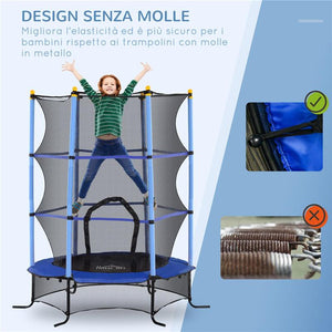 TRAMPOLINO ELASTICO PER BAMBINI Ï1.6X1.9 M CON RETE DI SICUREZZA E PALI IMBOTTITI, ETÓ 3-10 ANNI, BLU