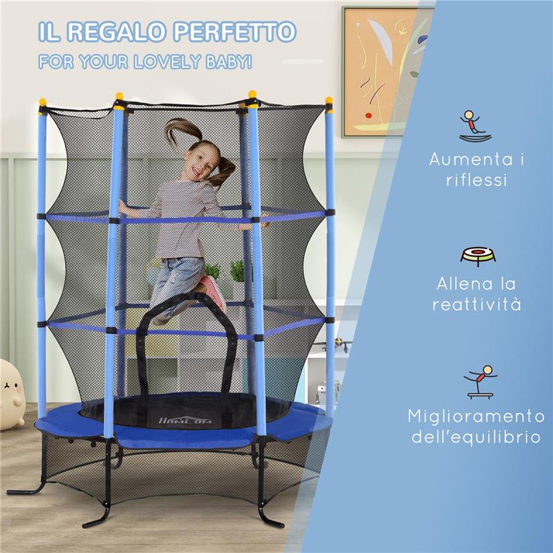 TRAMPOLINO ELASTICO PER BAMBINI Ï1.6X1.9 M CON RETE DI SICUREZZA E PALI IMBOTTITI, ETÓ 3-10 ANNI, BLU
