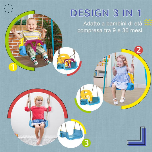 ALTALENA BAMBINI 3 IN 1 DA INTERNO ED ESTERNO, CORDA REGOLABILE E CINTURA DI SICUREZZA ETÀ 9-36 MESI BLU