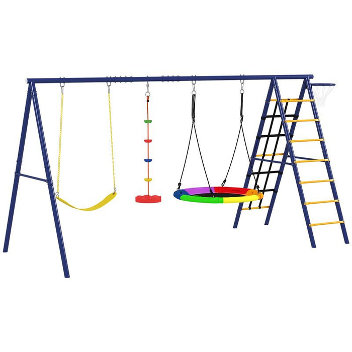 GIOCO PER BAMBINI 3-8 ANNI CON 3 ALTALENE SCALA A CORDA E CANESTRO BASKET IN ACCIAIO PE E PP 3.5X1.8X2 M