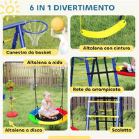 GIOCO PER BAMBINI 3-8 ANNI CON 3 ALTALENE SCALA A CORDA E CANESTRO BASKET IN ACCIAIO PE E PP 3.5X1.8X2 M