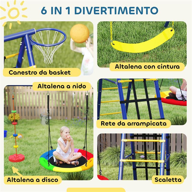GIOCO PER BAMBINI 3-8 ANNI CON 3 ALTALENE SCALA A CORDA E CANESTRO BASKET IN ACCIAIO PE E PP 3.5X1.8X2 M