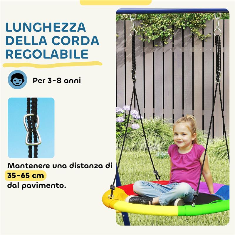 GIOCO PER BAMBINI 3-8 ANNI CON 3 ALTALENE SCALA A CORDA E CANESTRO BASKET IN ACCIAIO PE E PP 3.5X1.8X2 M