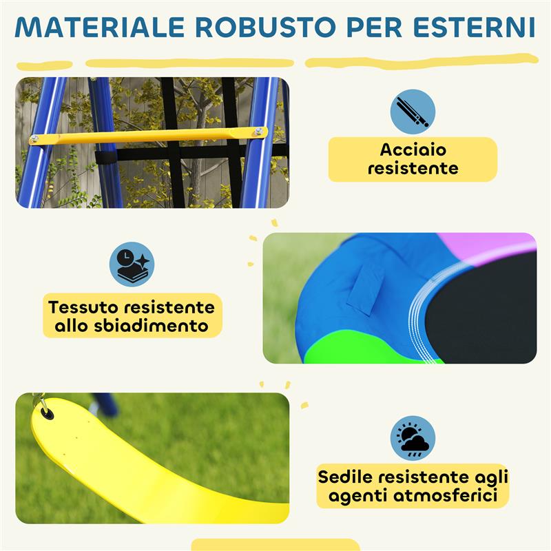 GIOCO PER BAMBINI 3-8 ANNI CON 3 ALTALENE SCALA A CORDA E CANESTRO BASKET IN ACCIAIO PE E PP 3.5X1.8X2 M