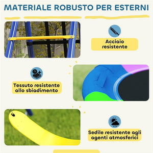 GIOCO PER BAMBINI 3-8 ANNI CON 3 ALTALENE SCALA A CORDA E CANESTRO BASKET IN ACCIAIO PE E PP 3.5X1.8X2 M