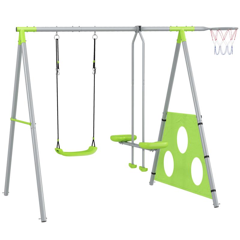 GIOCO PER BAMBINI 4 IN 1 CON 2 ALTALENE DA GIARDINO CANESTRO E PORTA DA CALCIO 215X180X182 CM VERDE E GRIGIO