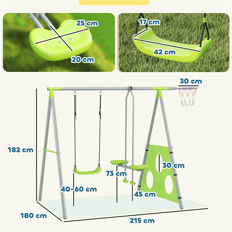 GIOCO PER BAMBINI 4 IN 1 CON 2 ALTALENE DA GIARDINO CANESTRO E PORTA DA CALCIO 215X180X182 CM VERDE E GRIGIO