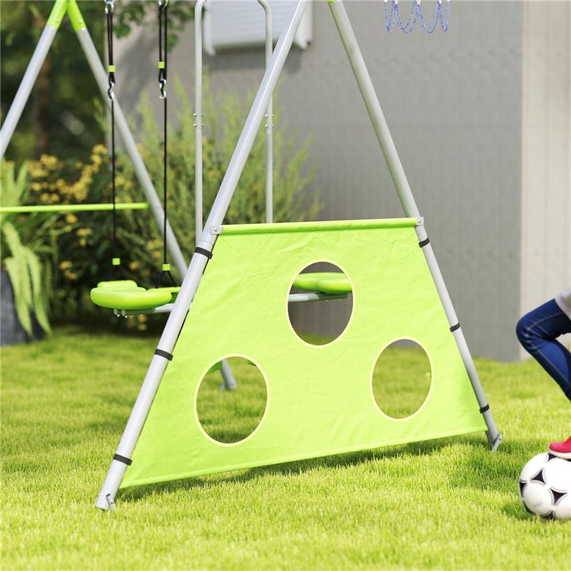 GIOCO PER BAMBINI 4 IN 1 CON 2 ALTALENE DA GIARDINO CANESTRO E PORTA DA CALCIO 215X180X182 CM VERDE E GRIGIO