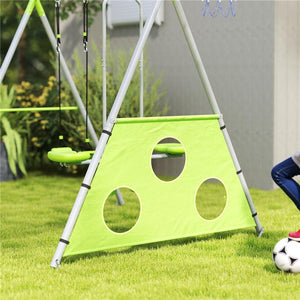 GIOCO PER BAMBINI 4 IN 1 CON 2 ALTALENE DA GIARDINO CANESTRO E PORTA DA CALCIO 215X180X182 CM VERDE E GRIGIO