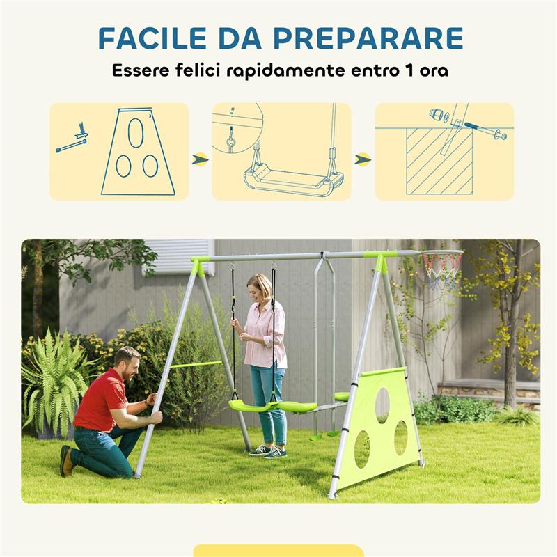 GIOCO PER BAMBINI 3 IN 1 CON ALTALENA DA GIARDINO CANESTRO E PORTA DA CALCIO 238X180X182 CM VERDE E GRIGIO