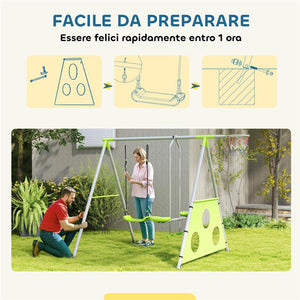 GIOCO PER BAMBINI 3 IN 1 CON ALTALENA DA GIARDINO CANESTRO E PORTA DA CALCIO 238X180X182 CM VERDE E GRIGIO