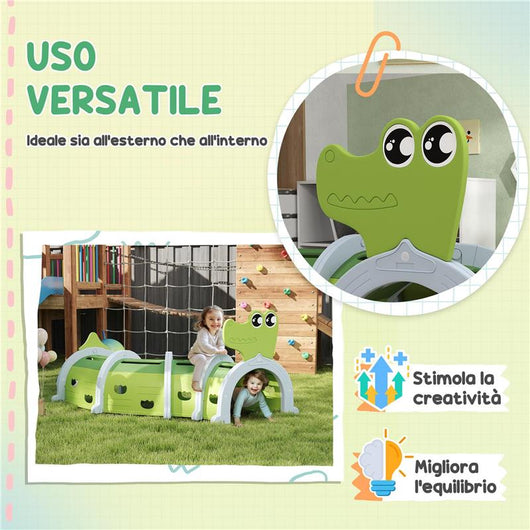 TUNNEL PER BAMBINI 3-6 ANNI A FORMA DI COCCODRILLO, GIOCO PER INTERNO ED ESTERNO IN PLASTICA, VERDE