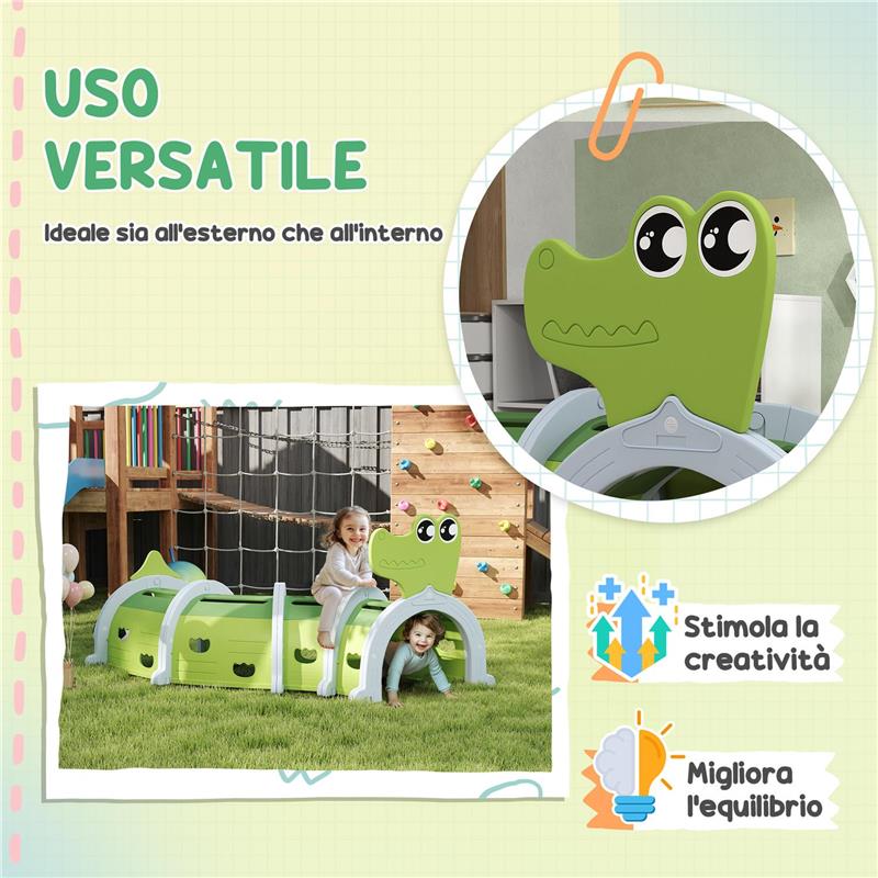 TUNNEL PER BAMBINI 3-6 ANNI A FORMA DI COCCODRILLO, GIOCO PER INTERNO ED ESTERNO IN PLASTICA, VERDE