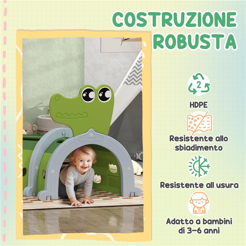 TUNNEL PER BAMBINI 3-6 ANNI A FORMA DI COCCODRILLO, GIOCO PER INTERNO ED ESTERNO IN PLASTICA, VERDE