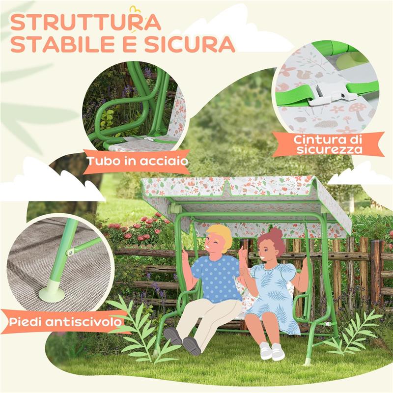 DONDOLO PER BAMBINI DA ESTERNO A 2 POSTI CON TETTUCCIO REGOLABILE E CINTURE DI SICUREZZA 112X75X120 CM VERDE