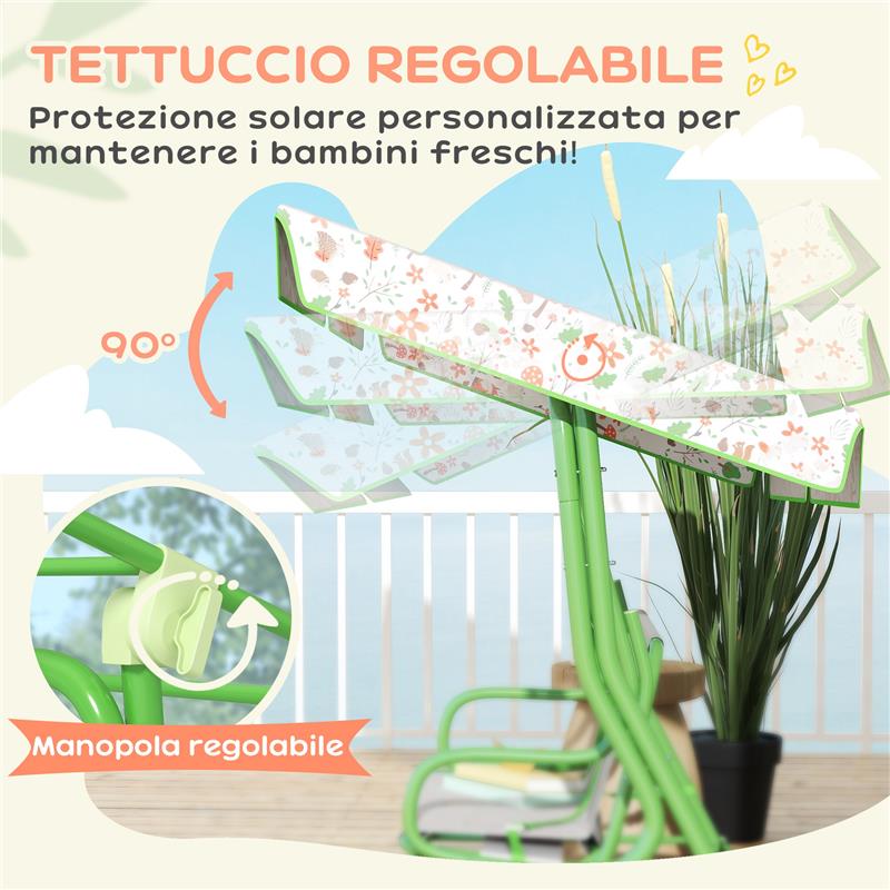 DONDOLO PER BAMBINI DA ESTERNO A 2 POSTI CON TETTUCCIO REGOLABILE E CINTURE DI SICUREZZA 112X75X120 CM VERDE