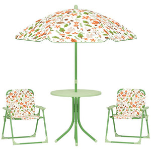 SET DA GIARDINO PER BAMBINI 2-5 ANNI CON TAVOLINO ROTONDO, 2 SEDIE PIEGHEVOLI E UN OMBRELLONE, VERDE