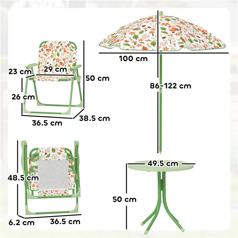 SET DA GIARDINO PER BAMBINI 2-5 ANNI CON TAVOLINO ROTONDO, 2 SEDIE PIEGHEVOLI E UN OMBRELLONE, VERDE