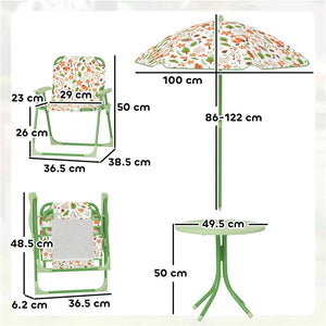 SET DA GIARDINO PER BAMBINI 2-5 ANNI CON TAVOLINO ROTONDO, 2 SEDIE PIEGHEVOLI E UN OMBRELLONE, VERDE