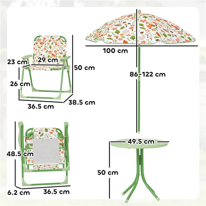 SET DA GIARDINO PER BAMBINI 2-5 ANNI CON TAVOLINO ROTONDO, 2 SEDIE PIEGHEVOLI E UN OMBRELLONE, VERDE