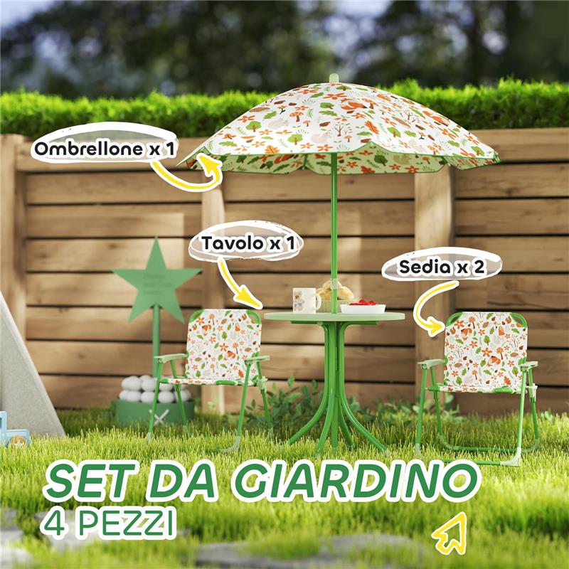 SET DA GIARDINO PER BAMBINI 2-5 ANNI CON TAVOLINO ROTONDO, 2 SEDIE PIEGHEVOLI E UN OMBRELLONE, VERDE
