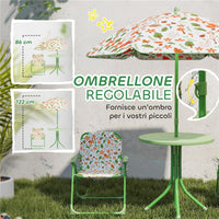 SET DA GIARDINO PER BAMBINI 2-5 ANNI CON TAVOLINO ROTONDO, 2 SEDIE PIEGHEVOLI E UN OMBRELLONE, VERDE