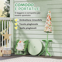 SET DA GIARDINO PER BAMBINI 2-5 ANNI CON TAVOLINO ROTONDO, 2 SEDIE PIEGHEVOLI E UN OMBRELLONE, VERDE