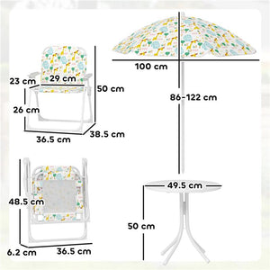 SET DA GIARDINO PER BAMBINI 2-5 ANNI CON TAVOLINO ROTONDO, 2 SEDIE PIEGHEVOLI E UN OMBRELLONE, BIANCO