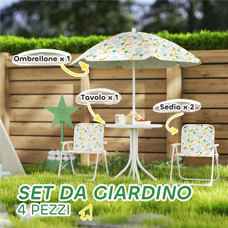 SET DA GIARDINO PER BAMBINI 2-5 ANNI CON TAVOLINO ROTONDO, 2 SEDIE PIEGHEVOLI E UN OMBRELLONE, BIANCO