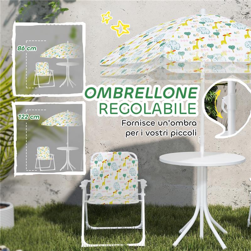 SET DA GIARDINO PER BAMBINI 2-5 ANNI CON TAVOLINO ROTONDO, 2 SEDIE PIEGHEVOLI E UN OMBRELLONE, BIANCO