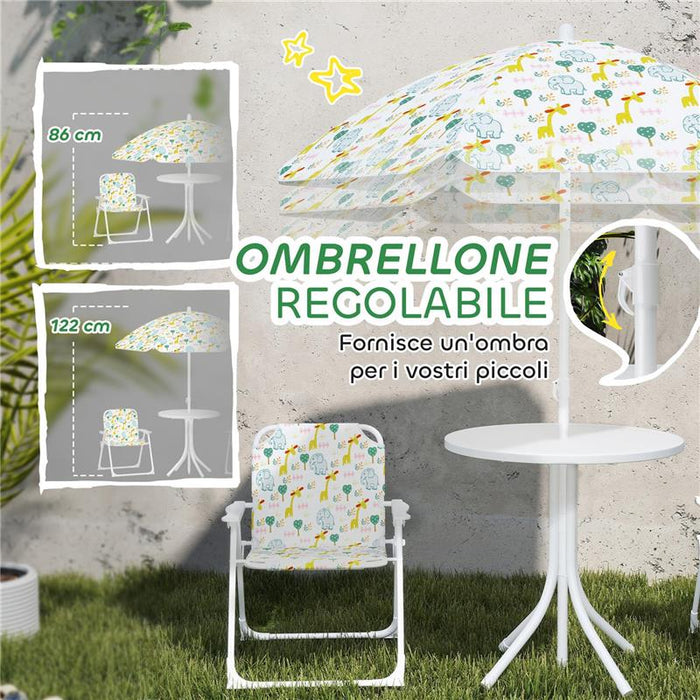 SET DA GIARDINO PER BAMBINI 2-5 ANNI CON TAVOLINO ROTONDO, 2 SEDIE PIEGHEVOLI E UN OMBRELLONE, BIANCO