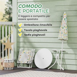 SET DA GIARDINO PER BAMBINI 2-5 ANNI CON TAVOLINO ROTONDO, 2 SEDIE PIEGHEVOLI E UN OMBRELLONE, BIANCO