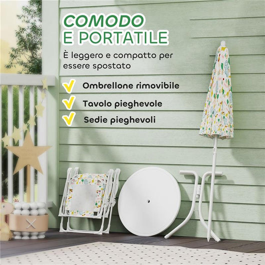 SET DA GIARDINO PER BAMBINI 2-5 ANNI CON TAVOLINO ROTONDO, 2 SEDIE PIEGHEVOLI E UN OMBRELLONE, BIANCO