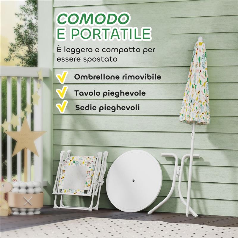 SET DA GIARDINO PER BAMBINI 2-5 ANNI CON TAVOLINO ROTONDO, 2 SEDIE PIEGHEVOLI E UN OMBRELLONE, BIANCO