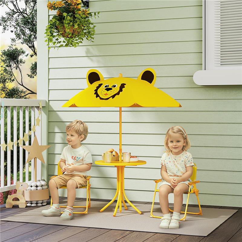 SET DA GIARDINO PER BAMBINI 2-5 ANNI CON TAVOLINO ROTONDO, 2 SEDIE PIEGHEVOLI E UN OMBRELLONE, GIALLO