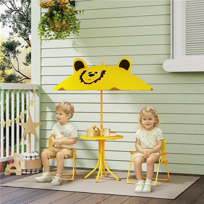 SET DA GIARDINO PER BAMBINI 2-5 ANNI CON TAVOLINO ROTONDO, 2 SEDIE PIEGHEVOLI E UN OMBRELLONE, GIALLO