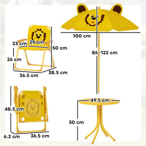 SET DA GIARDINO PER BAMBINI 2-5 ANNI CON TAVOLINO ROTONDO, 2 SEDIE PIEGHEVOLI E UN OMBRELLONE, GIALLO