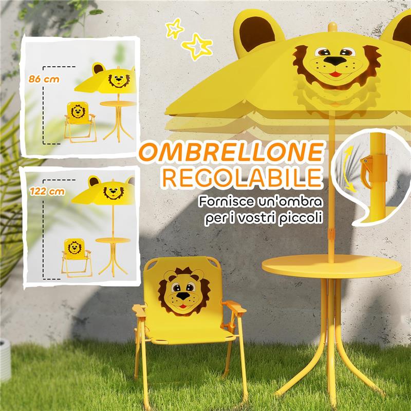SET DA GIARDINO PER BAMBINI 2-5 ANNI CON TAVOLINO ROTONDO, 2 SEDIE PIEGHEVOLI E UN OMBRELLONE, GIALLO