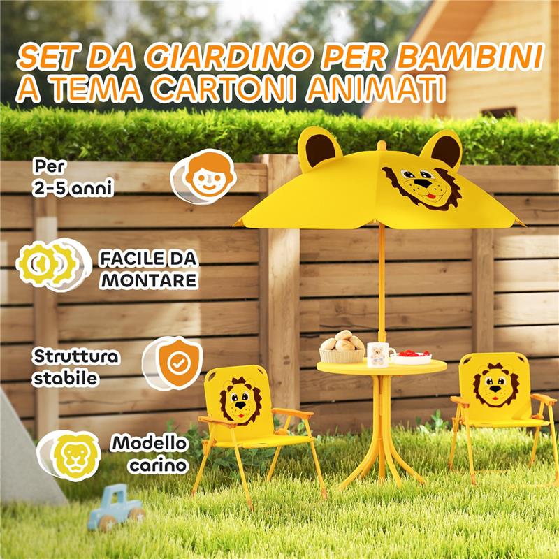 SET DA GIARDINO PER BAMBINI 2-5 ANNI CON TAVOLINO ROTONDO, 2 SEDIE PIEGHEVOLI E UN OMBRELLONE, GIALLO