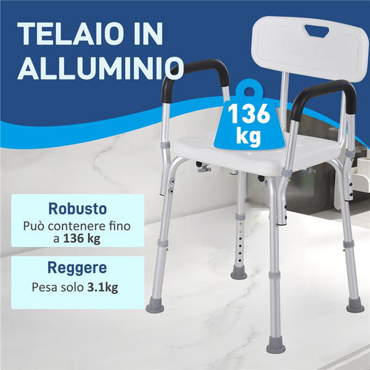 SEDIA PER DOCCIA IN ALLUMINIO CON ALTEZZA REGOLABILE E PIEDINI ANTISCIVOLO 51.5X51.5X71-84CM BIANCO