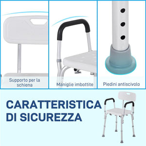 SEDIA PER DOCCIA IN ALLUMINIO CON ALTEZZA REGOLABILE E PIEDINI ANTISCIVOLO 51.5X51.5X71-84CM BIANCO