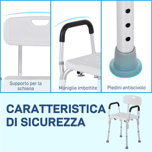 SEDIA PER DOCCIA IN ALLUMINIO CON ALTEZZA REGOLABILE E PIEDINI ANTISCIVOLO 51.5X51.5X71-84CM BIANCO