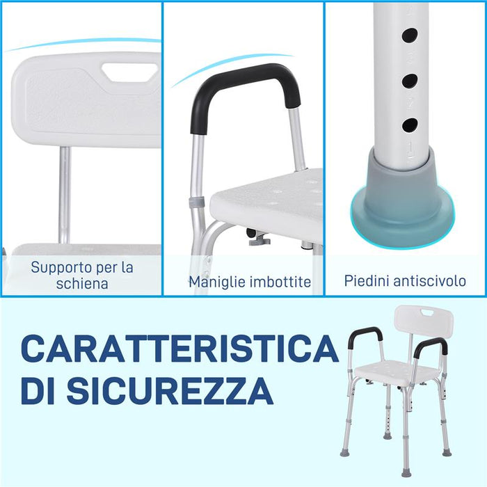 SEDIA PER DOCCIA IN ALLUMINIO CON ALTEZZA REGOLABILE E PIEDINI ANTISCIVOLO 51.5X51.5X71-84CM BIANCO