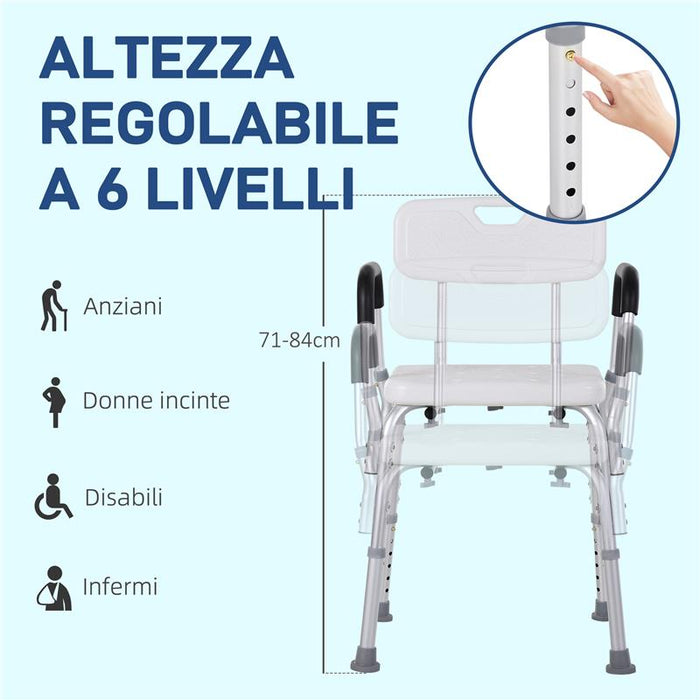 SEDIA PER DOCCIA IN ALLUMINIO CON ALTEZZA REGOLABILE E PIEDINI ANTISCIVOLO 51.5X51.5X71-84CM BIANCO