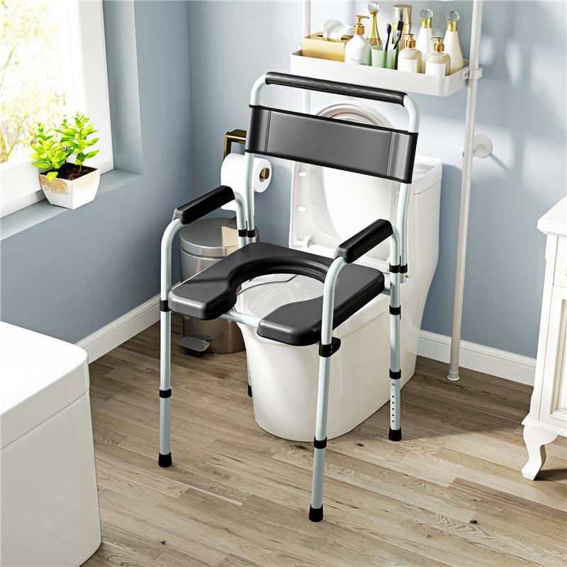 SEDIA WC PIEGHEVOLE E REGOLABILE CON BRACCIOLI E SCHIENALE IN ACCIAIO E PELLE PU 52.5X46X81.5-97 CM NERO