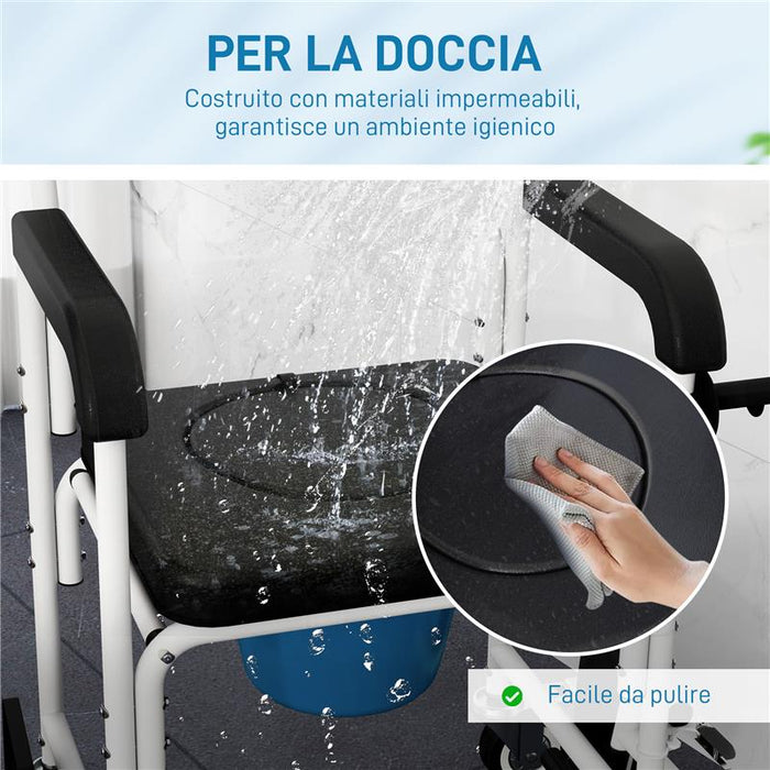 SEDIA A ROTELLE CON WC IMPERMEABILE 4 IN 1 CON POGGIAPIEDI RIBALTABILI IN ALLUMINIO E PLASTICA NERO
