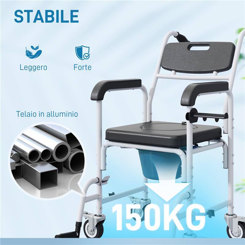 SEDIA A ROTELLE CON WC IMPERMEABILE 4 IN 1 CON POGGIAPIEDI RIBALTABILI IN ALLUMINIO E PLASTICA NERO